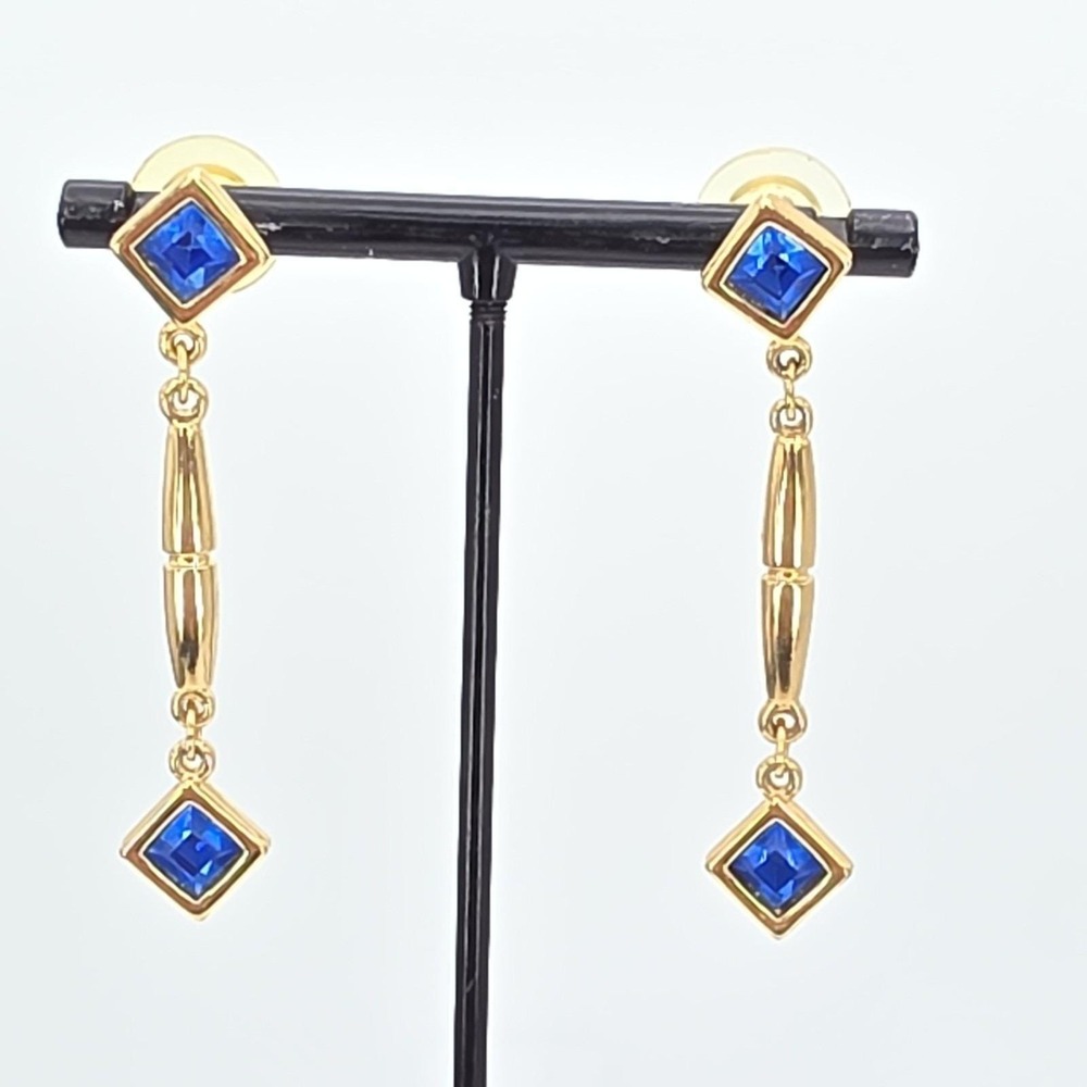 Vintage Signed SWAN SWAROVSKI Dangle Earrings Blue Crystal 18k Yellow Gold Plate